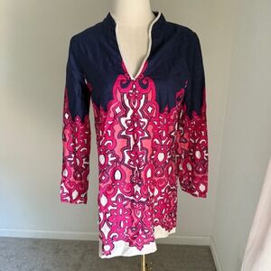 Lilly Pulitzer Ciara Navy Pink Geometric Print‎ Tunic Dress Shirt Size Medium